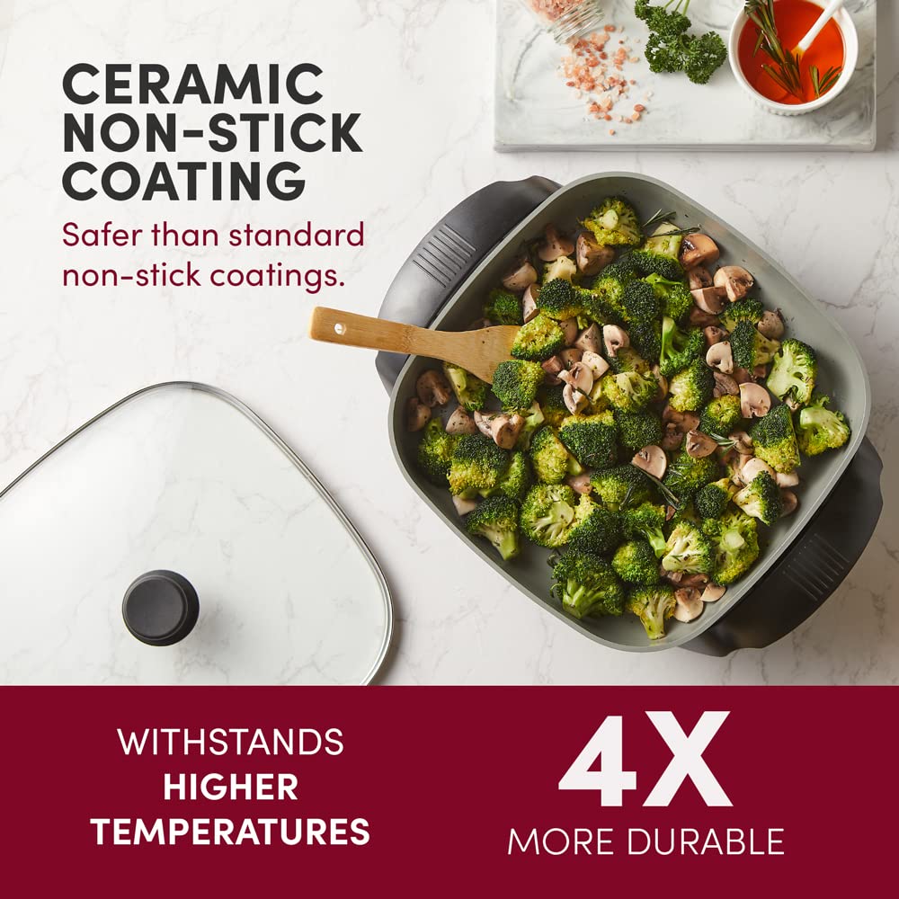 Elite Gourmet EG2212 12"x12"x2.15” Ceralast™ PFAS Free Ceramic Electric Skillet, Dishwasher Safe, Rapid Heat Up, 1200W, Dark Grey