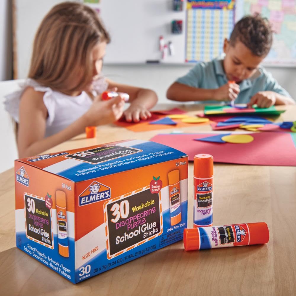Elmer’s Disappearing Purple School Glue Sticks, Washable, 7g, 30 Count - Bulk Pack for Classrooms, 1 Teacher Brand