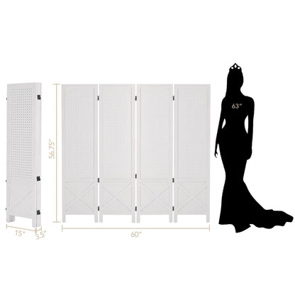 Wnutrees 4 Panel Pegboard Display, 5 Ft Wood Folding Privacy Screens Room Divider, Portable Freestanding Display Board for Craft/Art Shows, Retail, Events, Wall Organizer, Rustic Barnwood, White