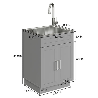 ANCTOR 24 Inch Laundry Sink with Cabinet, Stainless Steel Utility Sink Cabinet with Pull-Out Hot/Cold Faucet Metal Hooks Freestanding Deep Utility Sink for Laundry Utility Room Kitchen Garage