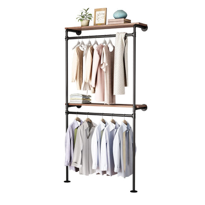 DR.IRON Industrial Pipe Clothing Racks with 2 Tier Shelves, Wall Mounted Black Clothes Rack with Double Hanging Rods Heavy Duty Garment Storage Rack Display Racks Rod for Clothes,Laundry Room