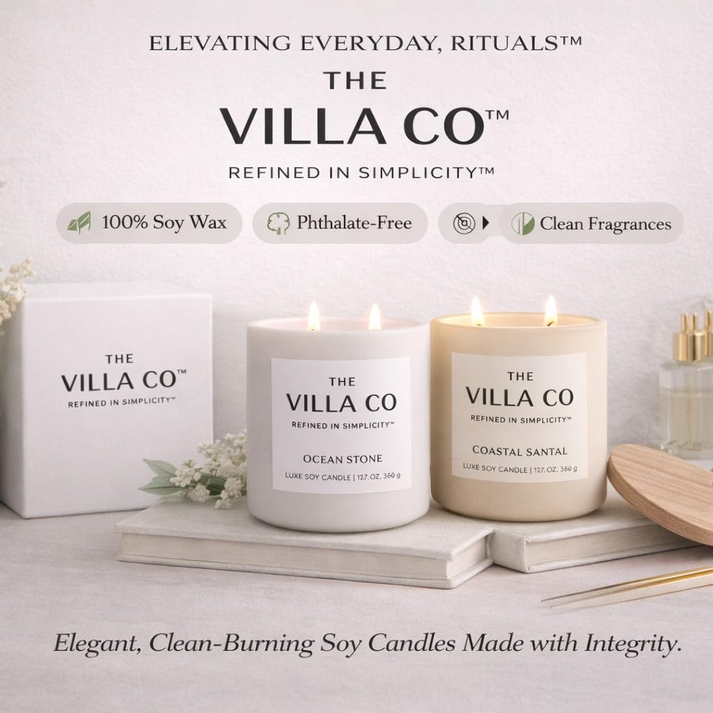 The Villa Co - 3 Candle Luxe Box Gift Set | Ocean Stone | Lavender Ember | Coastal Santal | 3.5oz Each | Poured in The USA |