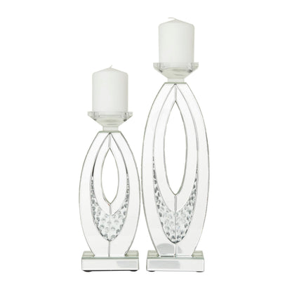 Deco 79 Glass Decorative Candle Holder Pillar Candle Stand with Mirrored Accents and Crystals, Set of 2 Candlestick Holder 17", 13" H, Silver