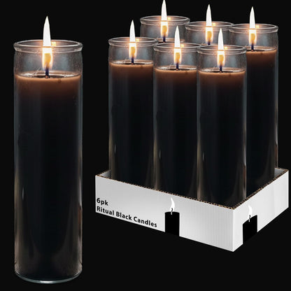Black Glass Candle Set - 6 Pack Unscented Black Prayer Candles for Rituals, Spells, Magic, Pagan and Witchcraft Altars, Plus More | Bulk 8" Candle Kit