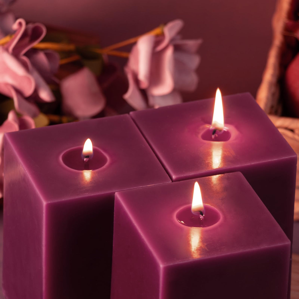KONNI Square Purple Pillar Candles Set of 3, 2.8"x 4" Unscented Pillar Candles Bulk, 30 Hours Long Burning Candles, Smokeless and Dripless Large Candle for Wedding, Home Decoration, Parties, Spas