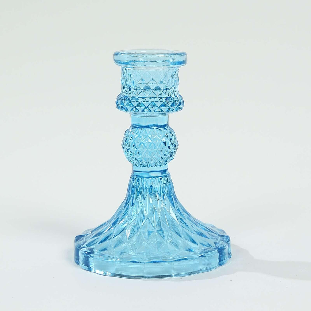 Efavormart 6 Pack Assorted Blue Glass Taper Candlestick Holders with Diamond Pattern, Reversible Crystal Pillar Votive Candle Stands - 4"