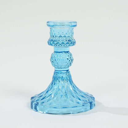 Efavormart 6 Pack Assorted Blue Glass Taper Candlestick Holders with Diamond Pattern, Reversible Crystal Pillar Votive Candle Stands - 4"