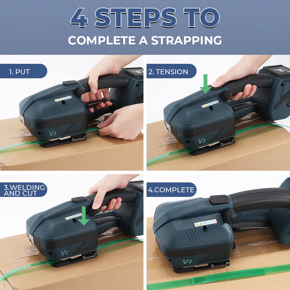 Flyrivergo 4000mah Electric Strapping Machine + Two 1046' Polyester(PET) Heavy Duty Strapping Roll (Adaptive)
