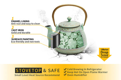 Tea Kettle, TOPTIER Japanese Cast Iron Teapot with Infuser for Loose Leaf and Tea Bags, Stovetop Safe Cast Iron Tea Kettle Coated with Enameled Interior for 40 oz (1200 ml), Light Green