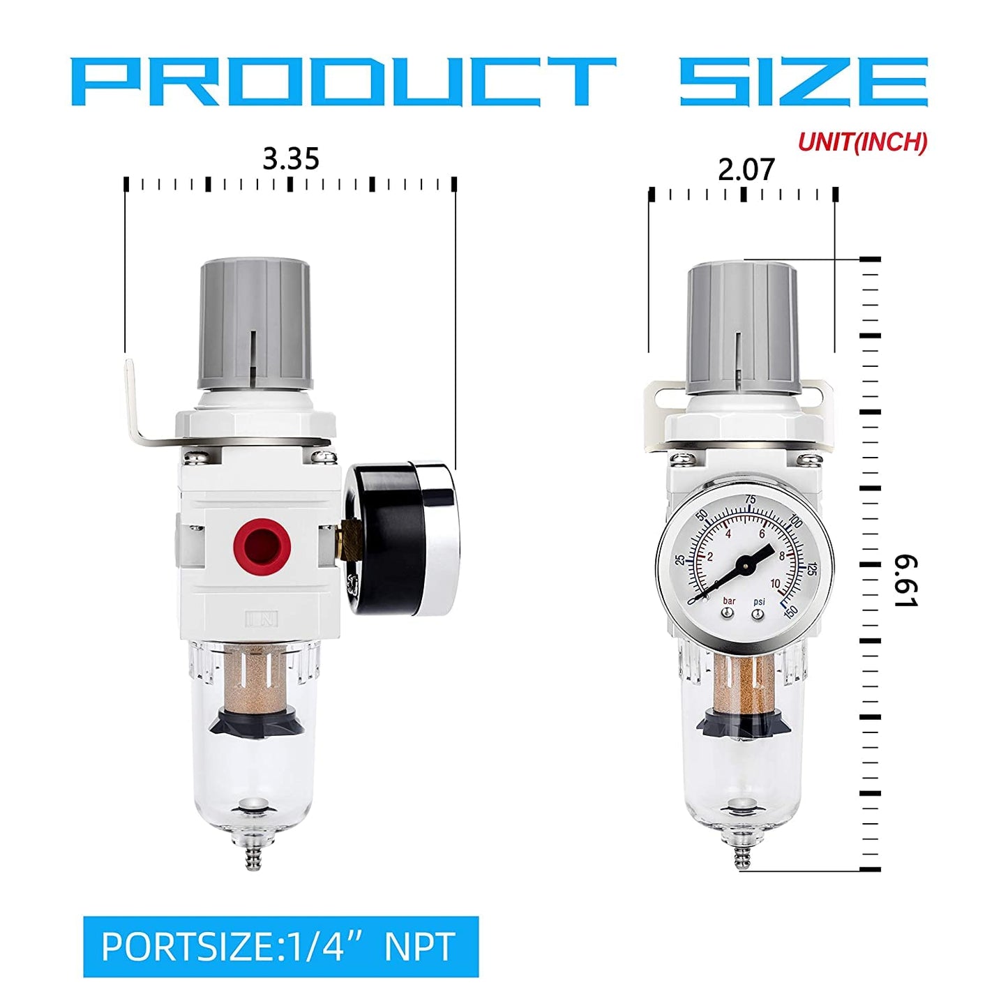 NANPU 1/4" NPT Compressed Air Filter Regulator Combo Piggyback, 5 Micron Brass Element, Poly Bowl, Semi-Auto Drain, Metal Bracket, 0-150 psi Gauge