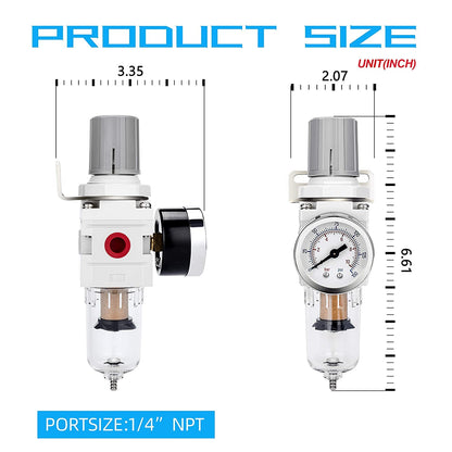 NANPU 1/4" NPT Compressed Air Filter Regulator Combo Piggyback, 5 Micron Brass Element, Poly Bowl, Semi-Auto Drain, Metal Bracket, 0-150 psi Gauge