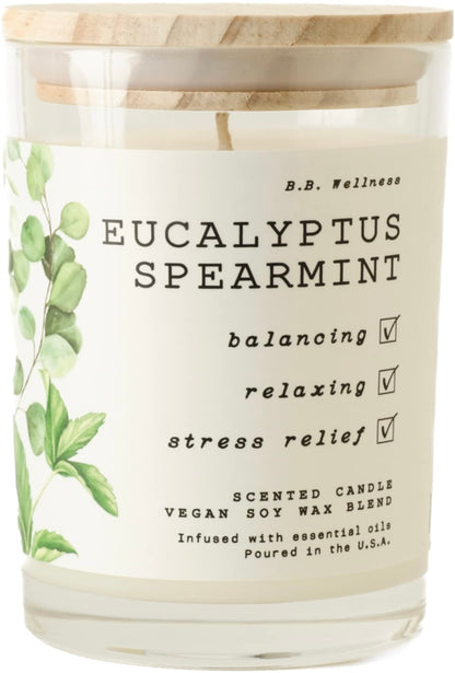 LEOBEN CO – Eucalyptus Spearmint Scented Candle – 9oz, B.B. Wellness Collection Design – 50 hr Burn Time – Poured in California Using Vegan Soy Wax and Essential Oils – Made in Small Batches