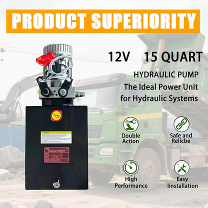 ParnicoTech 15 Quart Hydraulic Power Unit, Double Acting Dump Trailer Pump 12V DC, 3200 PSI Max Relief Pressure, Power Unit Metal Reservoir for Dump Trailer Car Lifting, SAE # 6 Port, Steel
