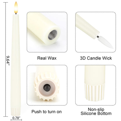 Flameless Taper Candles with 3D Wick, 9.6" Real Wax LED Candles with 2 Remote and Timer, 6 Pack Flickering Candlesticks Battery Operated, Classic Tall Taper Candle for Home, Wedding, Party, Ivory
