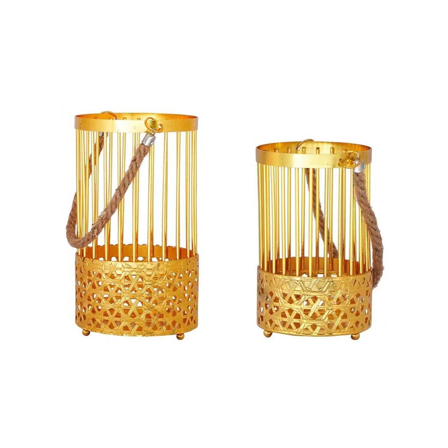 MIXIKE 2Pcs European Metal Candle Holder Hollow Out Iron Candlesticks with Rope Handle Hangings Tealight Candle Stand for Party