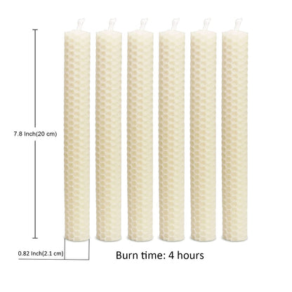DEYBBY Natural Beeswax Taper Candles,8inch Dripless and Smokeless White Bee Wax,4Hour Burn Time Flat Top (Pack of 6)