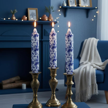 7 Inch Blue and White Short Taper Candles Hand Poured Unscented Smokeless Clean Burning Chinoiserie Taper Candles for Wedding Dinner Home Meditation Morning Coffee Ritual Breakfast Table Everyday