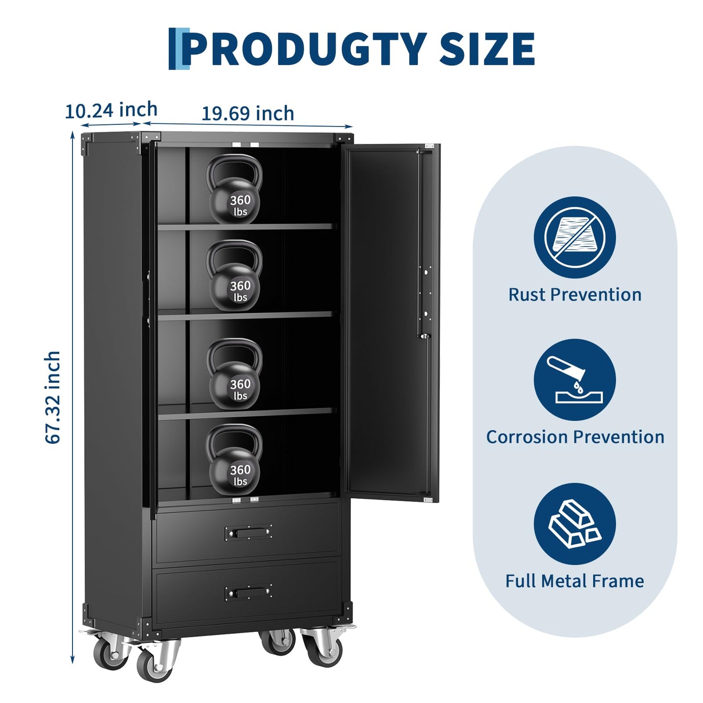 Metal Storage Cabinet with Wheels, 67in Rolling Metal Cabinets with Doors & Adjustable Shelves for Garage Storage, Heavy Duty Black Steel Lockable Cabinet on Wheels for Workshop, Home Office, Black