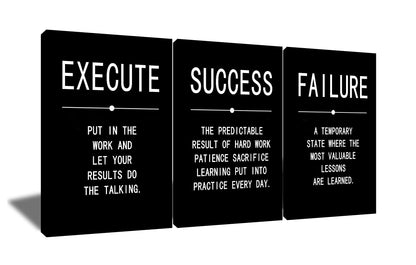 Inspirational Wall Art Success Quote Canvas Painting Positive Motivational Wall Art Execute Failure Definition 3 Pieces Black Poster Framed Artwork Prints Picture for Living Room Office [48''Wx 24''H]