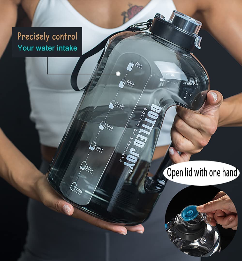 MYSHAKER 1 Gallon Water Jug with Flip-top Lid and Handle Strap, Leak-proof BPA Free Reusable Time Marker Reminder Large Capacity Gallon Water Bottle for Outdoor Sports Fitness Gym Hiking