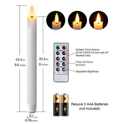 Homemory Waxy Flameless Taper Candles with Remote Timer Dimmer, Battery Operated Candlesticks Flickering, LED Window Candles Realistic, 9.6 Inches for Christmas Wedding Indoor Decor, White, 6 Pcs