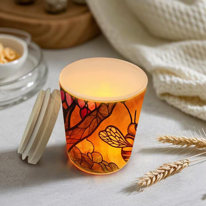 Stained Glass Farmhouse Bees Tea Light Candle Holders, Hearts Tealight Candle Holder Jar with Wooden Lid, Floral Votive Candlesticks for Table Centerpieces, Christmas,Birthday Party