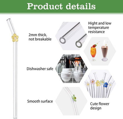 DUMING-IN 12 Pack Reusable Glass Straws, 7.9"×8mm Cute Flower Glass Straw for Coffee, Milkshakes, Juices