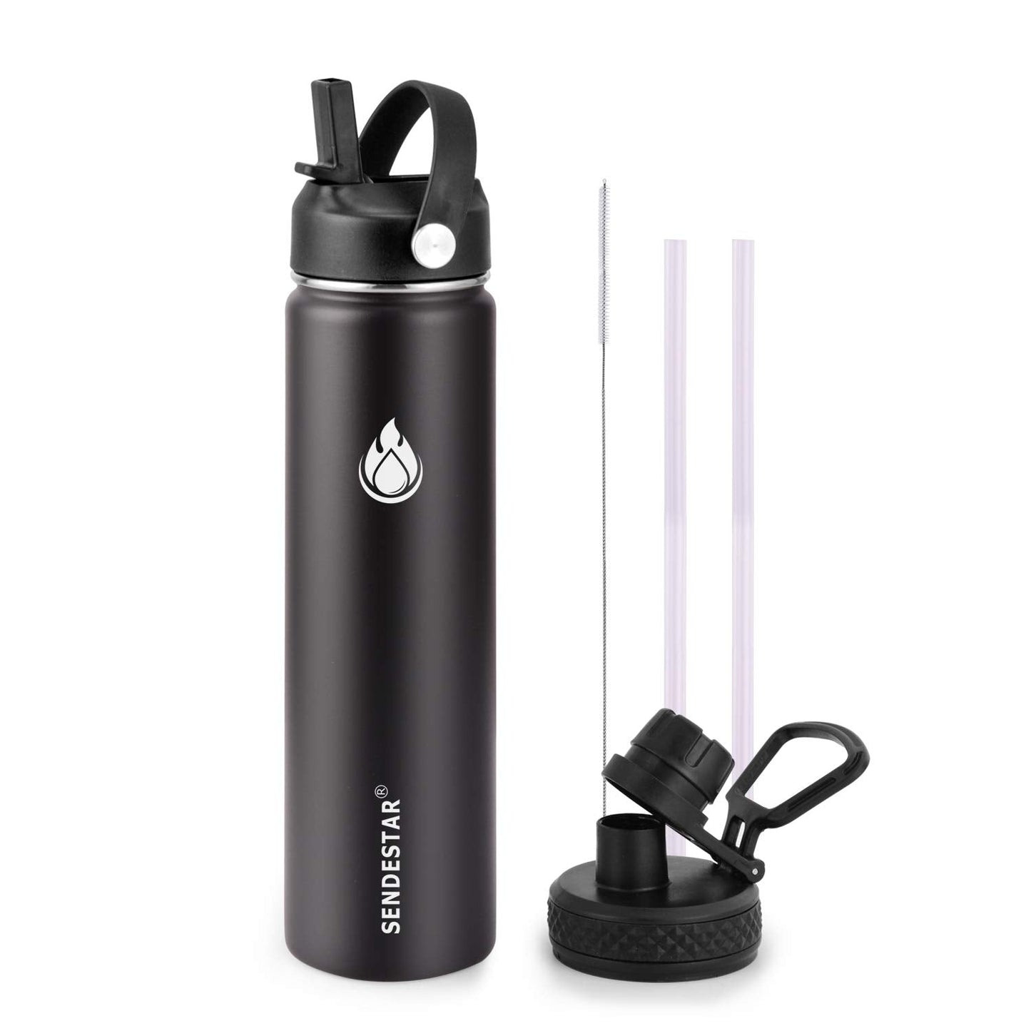 SENDESTAR Insulated Water Bottle 24 OZ, Wide Mouth 24 oz Water Bottle with Straw Lid, Spout Lid, Double Wall Vacuum Stainless Steel Leak Proof, Keeps Liquids Hot or Cold (Black)