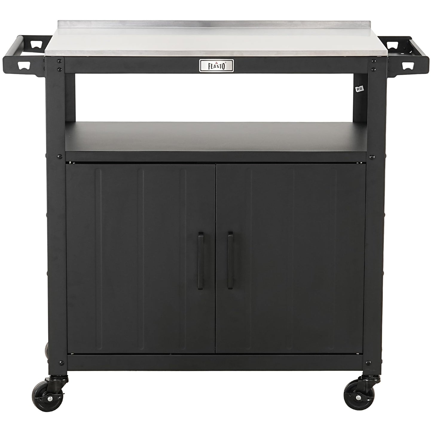 Feasto Outdoor Grill Cart with Stainless Steel Tabletop and Storage Cabinet, Movable Kitchen Island with Wheels for BBQ Food Prep, Black