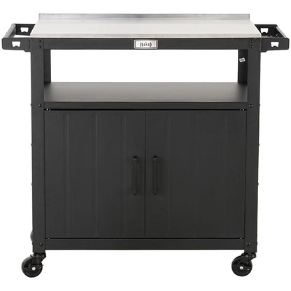 Feasto Outdoor Grill Cart with Stainless Steel Tabletop and Storage Cabinet, Movable Kitchen Island with Wheels for BBQ Food Prep, Black