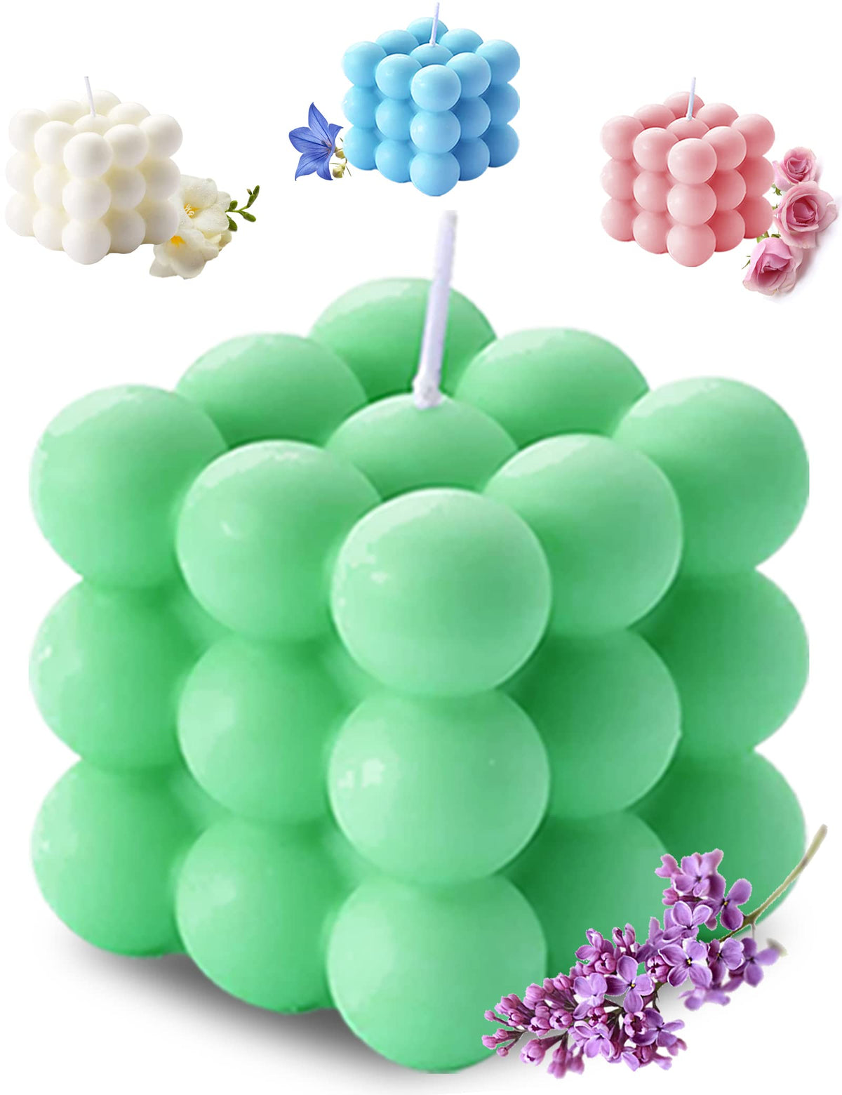 aokala Scented Bubble Cube Candles, Candles for Home Decor Scented, 5.4 oz Soy Wax Aromatherapy Candle, Aesthetic Room Cute Danish Pastel Large Decorative Shaped Gifts - Lavender(Green)