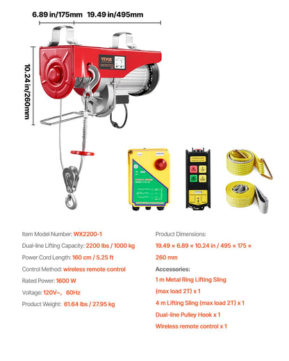VEVOR 2200lbs Electric Hoist with Wireless Remote Control,110v Electric Hoist with Remote Control, 40ft/20ft Lifting Height & Motor, for Garage Warehouse Factory