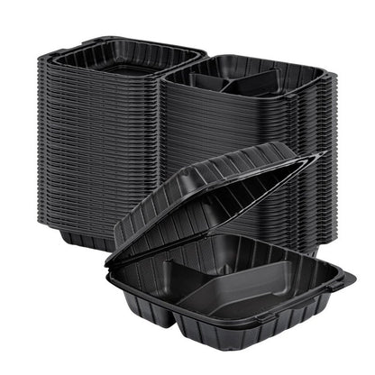 Restaurantware Thermo Tek 8 x 8 x 3 Inch Mineral-Filled Take Out Containers 100 Durable To Go Containers - Heavy-Duty Disposable Black Plastic Clamshell Containers Suitable For Hot & Cold Foods