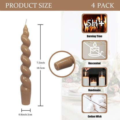 4 Pack 7.5 Inch Brown Spiral Twisted Taper Candles,Unscented Dripless Candlesticks Handmade Smokeless Candle Sticks for Candlelight Dinner Valentine's Day Wedding Home Decor