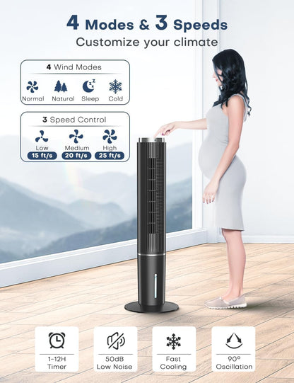 COOLECH 42 INCH Windowless Portable Air Conditioners w/4 Modes & 3 Speeds, 1-Gal Tank for 15H Cooling, 12H Timer, Swamp Cooler Air Conditioner No Window Needed, 90° Oscillating AC Unit for Bedroom
