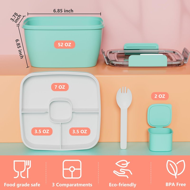 Cherrysea Salad Lunch Container, 2Pack Salad Bowls with 4Compartments Tray, Leak Proof Lunch Box with Fork for Men,Women BPA-Free Snack Container with Sauce Container for Dressings - Blue/Pink