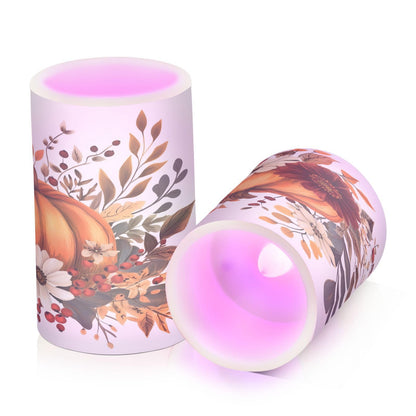 ALAZA Thanksgiving Pumpkin Fall Autumn Flickering Flameless Candles Battery Operated with Remote Timer,Tea Light Candles LED Pillar Votive Candles Set of 2 for Outdoor Indoor Decorations