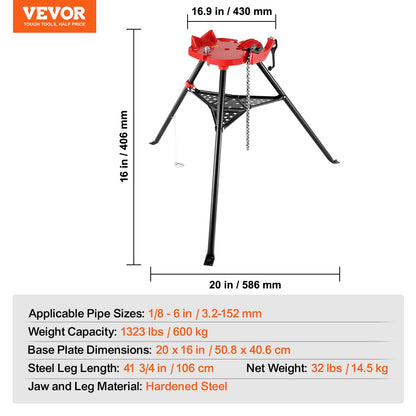Mophorn 460-6 Tripod Pipe Chain Vise 1/8"-6" Capacity,Pipe Stand Portable Foldable Steel Legs,Pipe Jack Stands w/ Tool Tray, Tripod Stand Chain Vise Ideal for a Variety of Pipe Materials