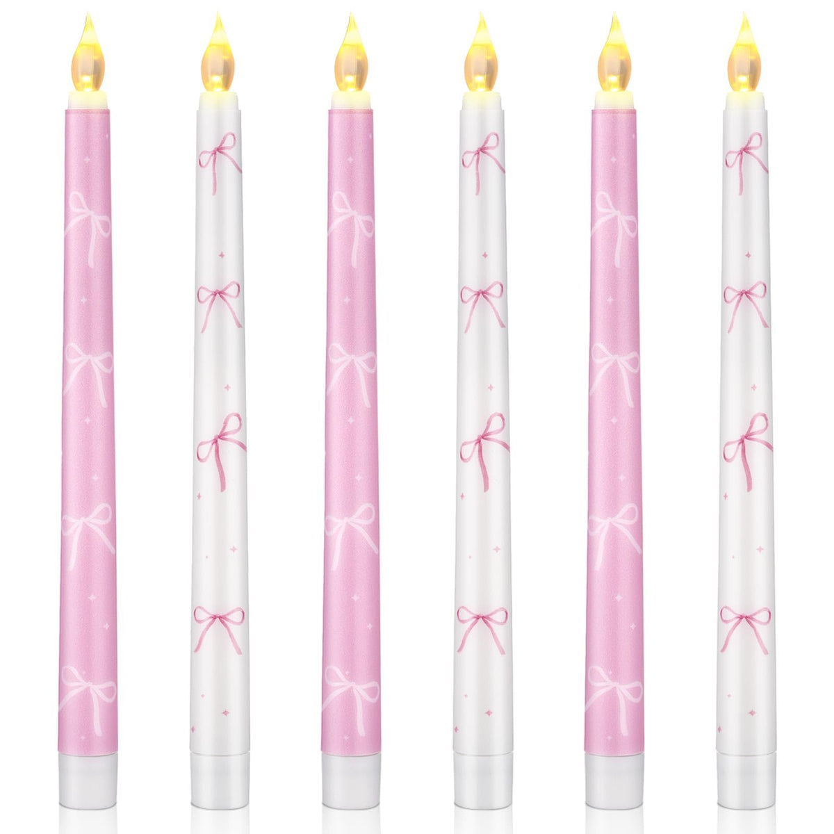 Conelist 6 Pcs Pink Bow Flameless Taper Candles 10.6 Inch Coquette LED Battery Operated Candles for Birthday Bridal Wedding Dinner Room Decor