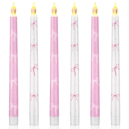 Conelist 6 Pcs Pink Bow Flameless Taper Candles 10.6 Inch Coquette LED Battery Operated Candles for Birthday Bridal Wedding Dinner Room Decor