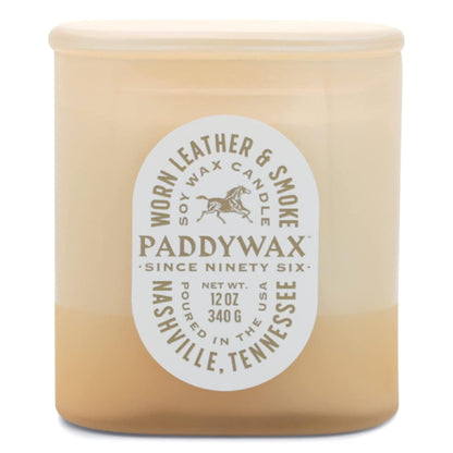 Paddywax Vista Scented Candle with Lid in Reusable Tonal Glass Jar, Clean-Burn 2-Wick Soy Candle with Approx. 84 Hour Burn Time, Decorative Gift Candles for Home, Worn Leather & Smoke, 12 oz