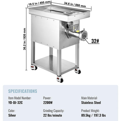 VEVOR Commercial Electric Meat Grinder, 22 Lb/Min Cabinet Meat Grinder, 2200W Industrial Grinder with Blade, Grinding Plate, Sausage Maker, Stainless Steel Meat Mincer Machine for Kitchen, Restaurant