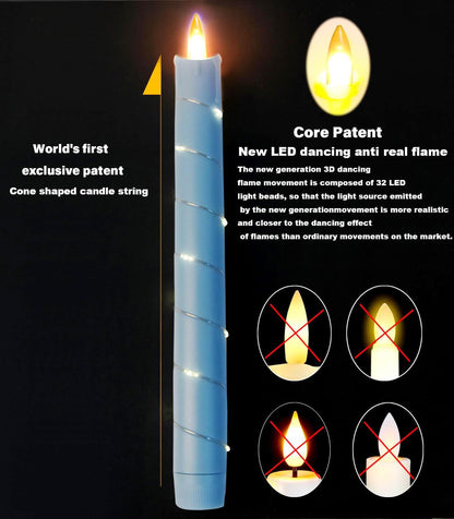 Flameless Cone Candle with Built-in Star String Light, 11 Button Remote Control, Timer, Battery Powered, Analog Flame, 3 Pack of Window Candles, Christmas Home & Wedding Decoration (Sky Blue)