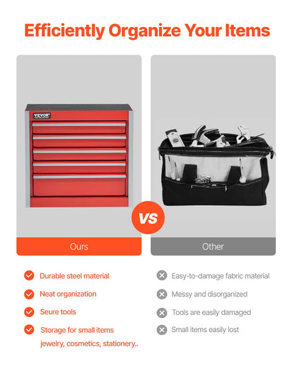 VEVOR Metal Tool Box, 8.6-inch, Portable Metal Tool Box with 5 Drawers, Small Tool Chest with EVA Liners and PP Feet Pads, Heavy-Duty Steel With Ball Bearing Opening and Powder Coated Finish, Red