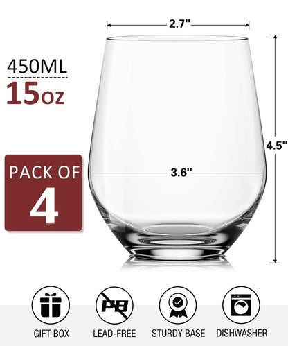 Stemless Wine Glasses Set of 4, Red White Wine Glasses, No Stem, Clear, 15oz, Premium Crystal Sturdy Drinking Glass for Daily Use, Birthday, Wedding, Home Party, Anniversary, Shower Gift