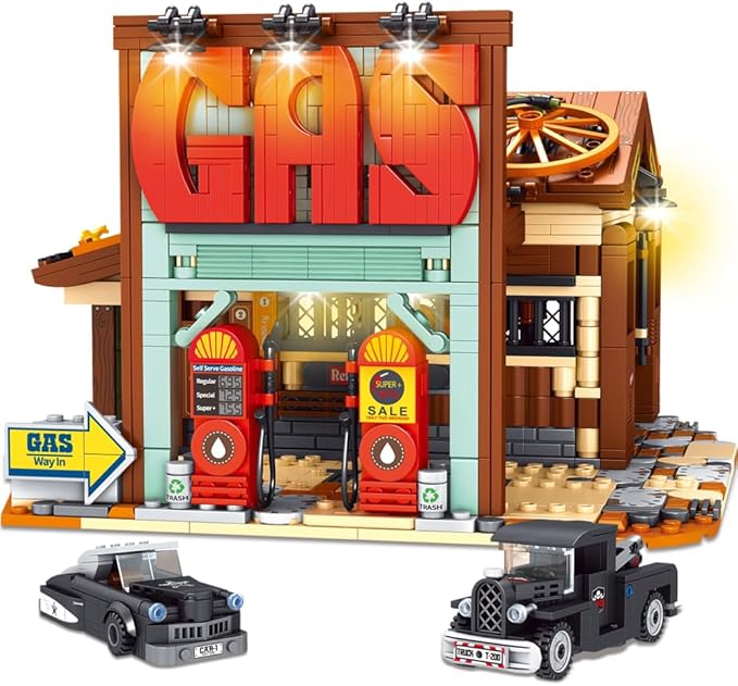 39118 Cowboy City Gas Station Building Blocks with LED Lights 1754 PCS Wild West Vintage Fuel Station Architecture Kit for Adults Western Street Scene Model
