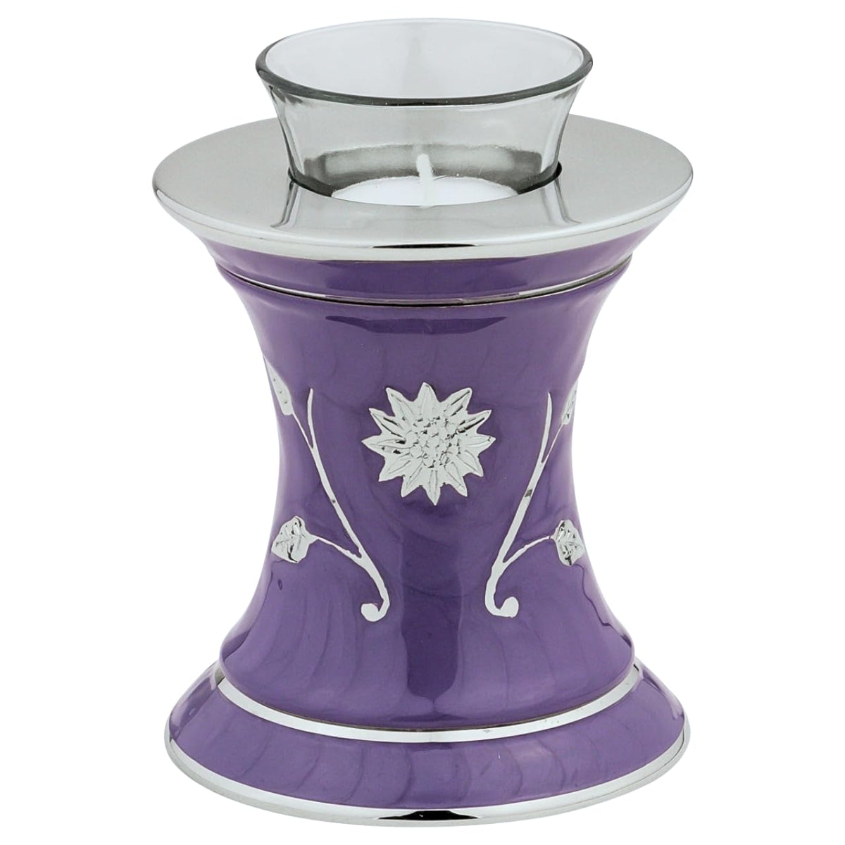 Grace Lavender Blue Tealight Cremation Urn for Ashes, Brass Memorial Candle, Purple and Silver, Extra Small Sized Cremation Urn, 5.5 Inches High