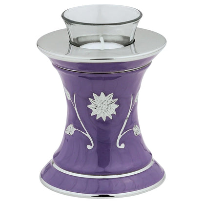 Grace Lavender Blue Tealight Cremation Urn for Ashes, Brass Memorial Candle, Purple and Silver, Extra Small Sized Cremation Urn, 5.5 Inches High