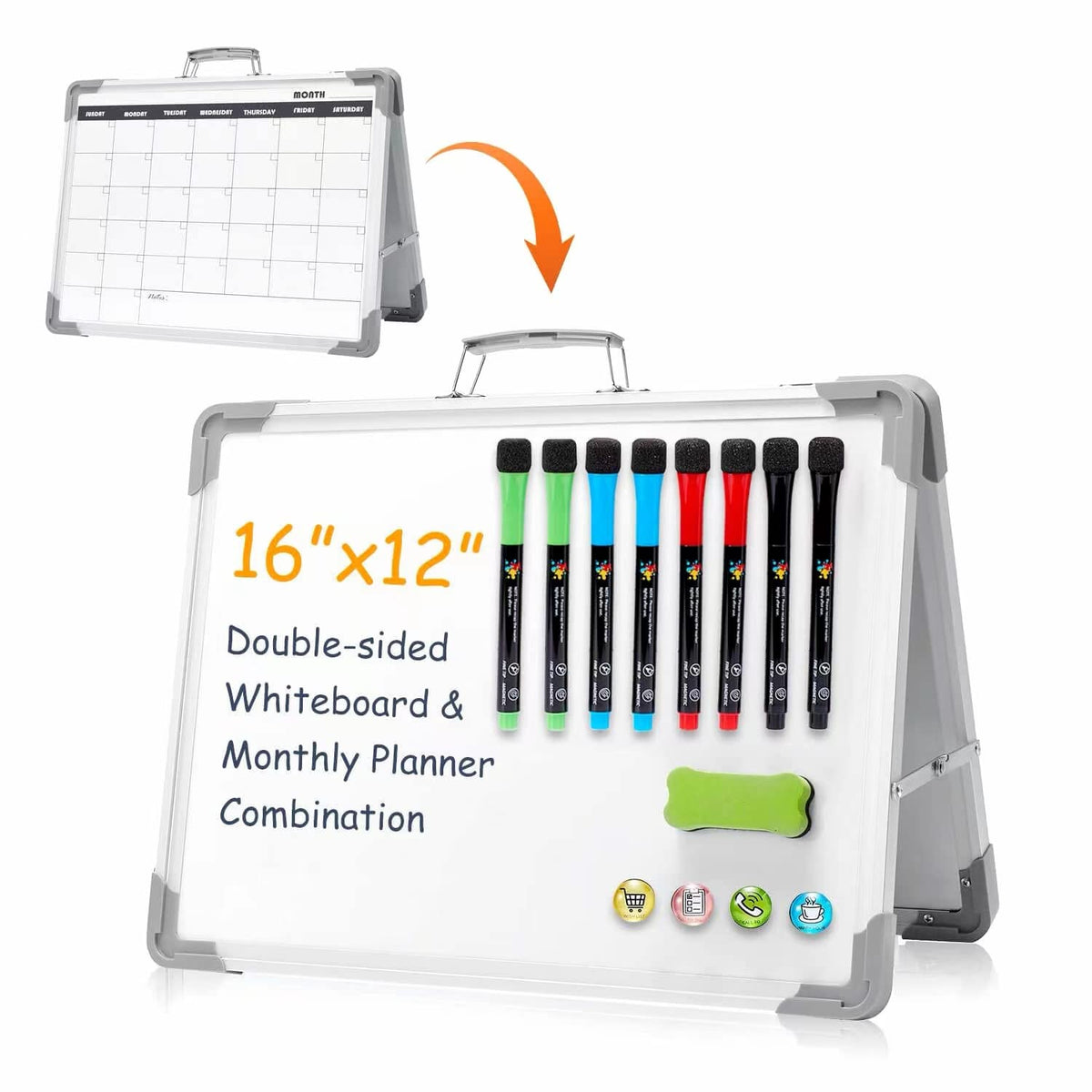 Magnetic Dry Erase Board with Calendar - Small Double Sided Whiteboard on Desktop with Monthly Schedule Planner, Portable Folding White Board on Table Top for Drawing, Teacher Students Classroom