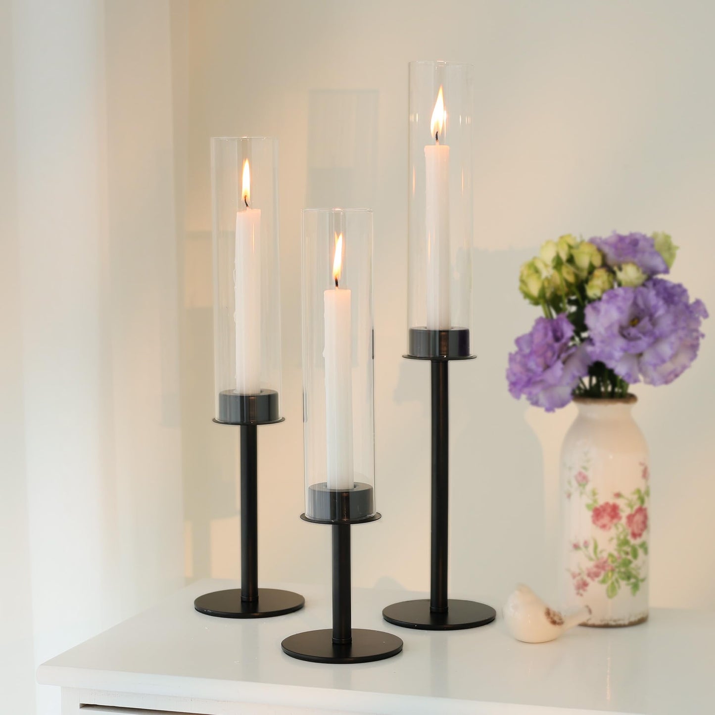 Ronasip Hurricane Candle Holders Set of 6 Metal Candlestick Holder for Glass Taper Tall Candle Holders with Crystal Chimney Tube Candles Stands for Home Decor, Christmas, Dinning (6, Black)